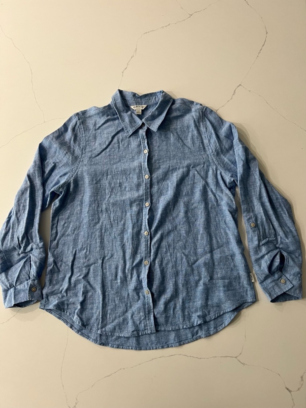 Orvis Womens Shirt Large Blue Linen Blend Button Up Long Sleeve Chambray